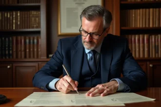 Notaire en costume marine examinant un document juridique lié à la garantie d'éviction dans un bureau traditionnel français avec des codes civils en arrière-plan