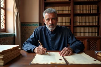 Notaire marocain examinant un acte de vente immobilier dans un bureau traditionnel de Marrakech avec décor en zellige et documents officiels