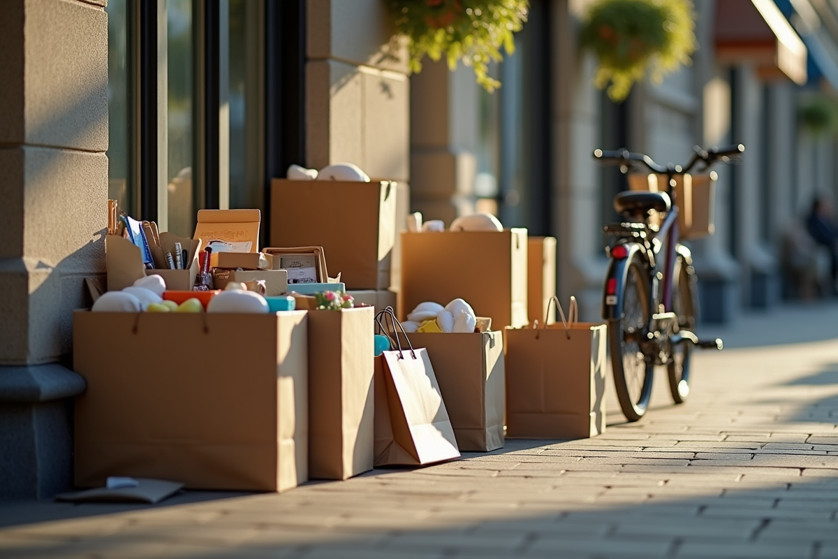Objets personnels emballés sur le trottoir avec un vélo à côté