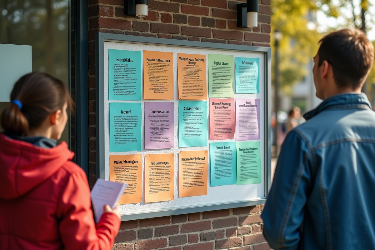 Panneau d annonces immobilières devant la mairie en plein jour