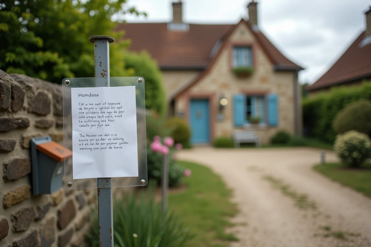 Panneau de location particulier à particulier devant une petite maison avec jardin à la campagne