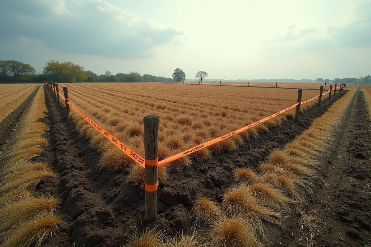 Parcelle agricole délimitée par des jalons et du ruban de bornage représentant la superficie d'un acre en milieu rural