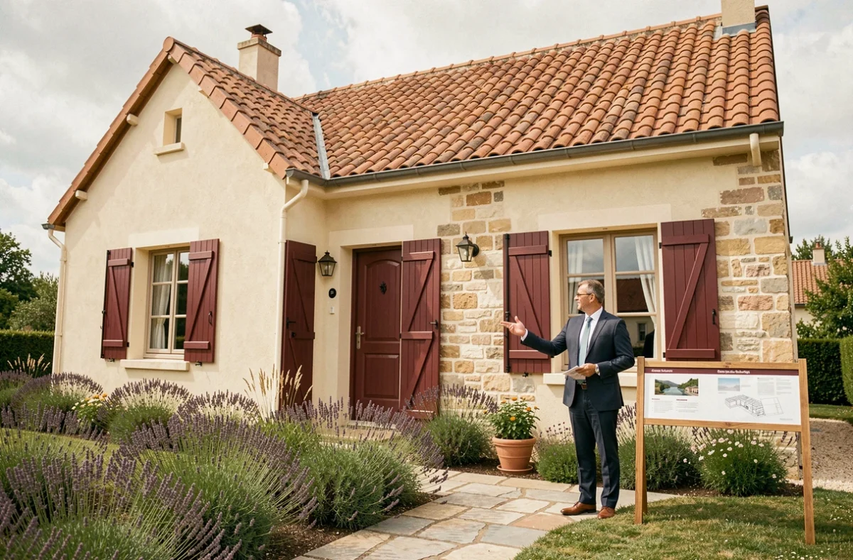 Maison Pavillons Parot à toit double pente terracotta, volets bordeaux et jardin en lavande, architecte devant la maison dans la Marne