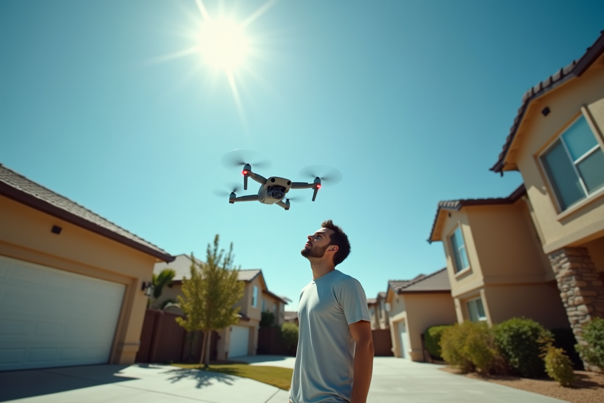 Personne regardant un drone dans son allée en plein jour