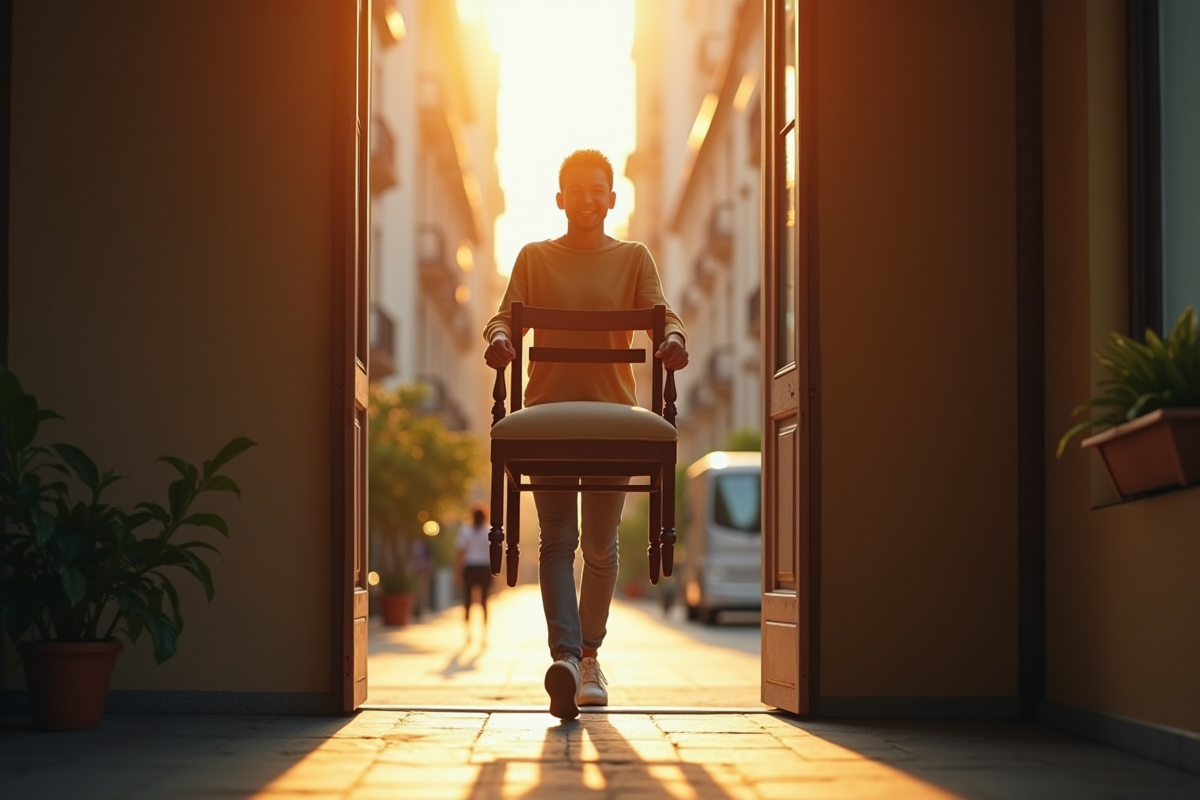 Personne heureuse portant une vieille chaise en bois dans une rue ensoleillee
