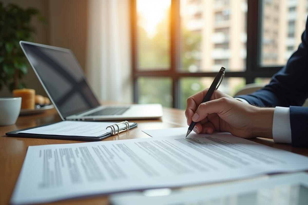 Personne remplissant des documents immobiliers à un bureau lumineux