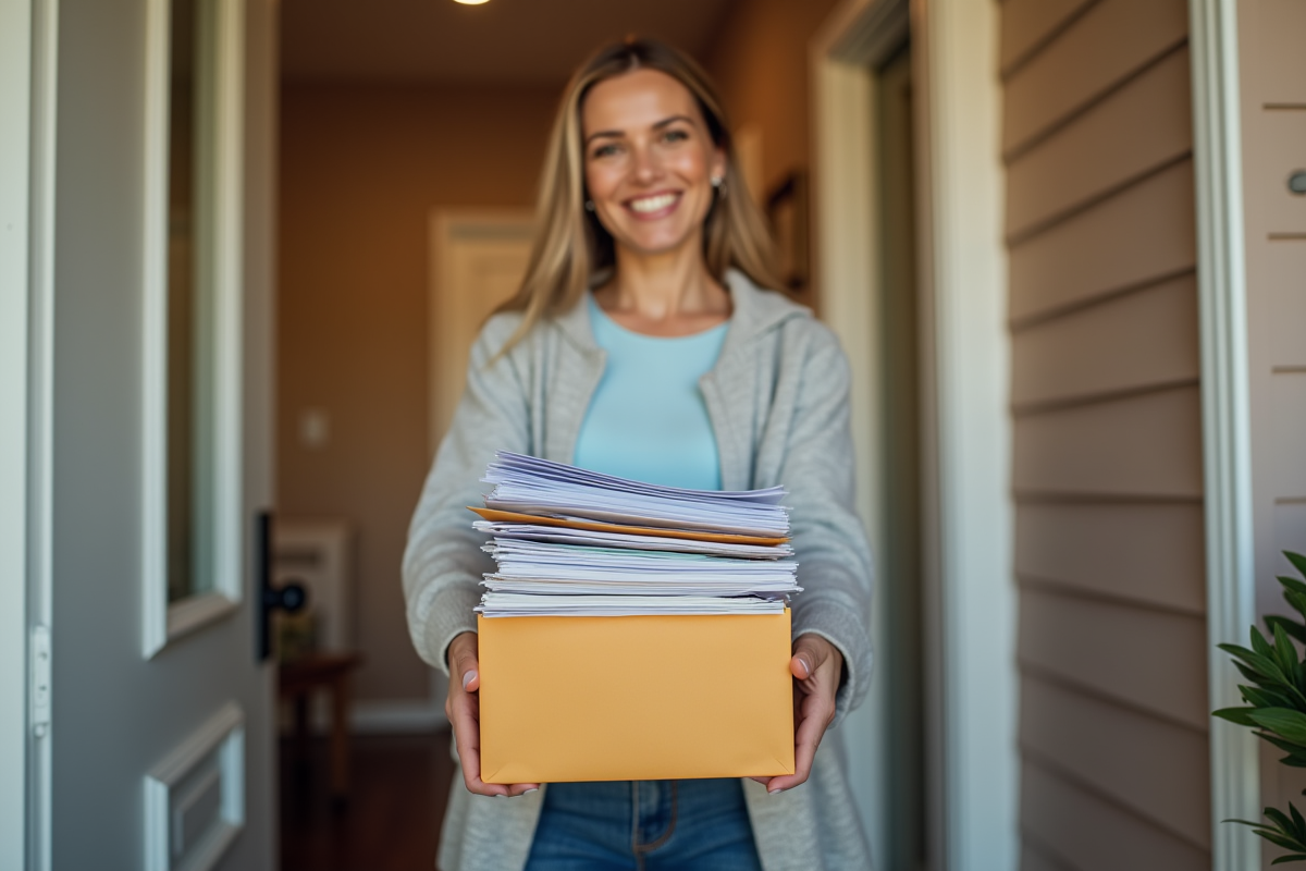 Personne souriante à la nouvelle maison avec lettres et documents