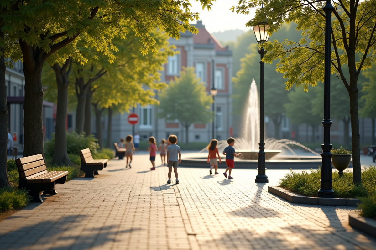 Place de village au matin avec enfants et fontaine