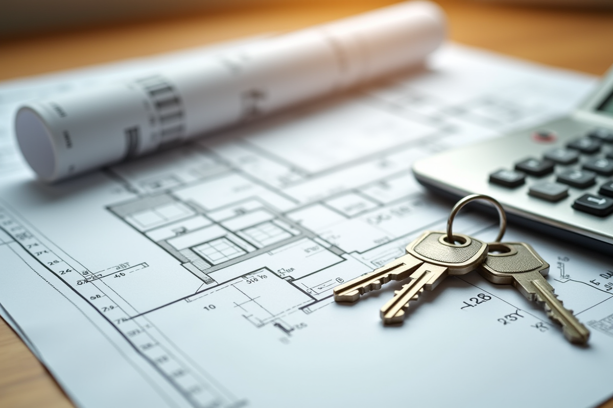 Plans de maison clés et calculatrice sur un bureau lumineux