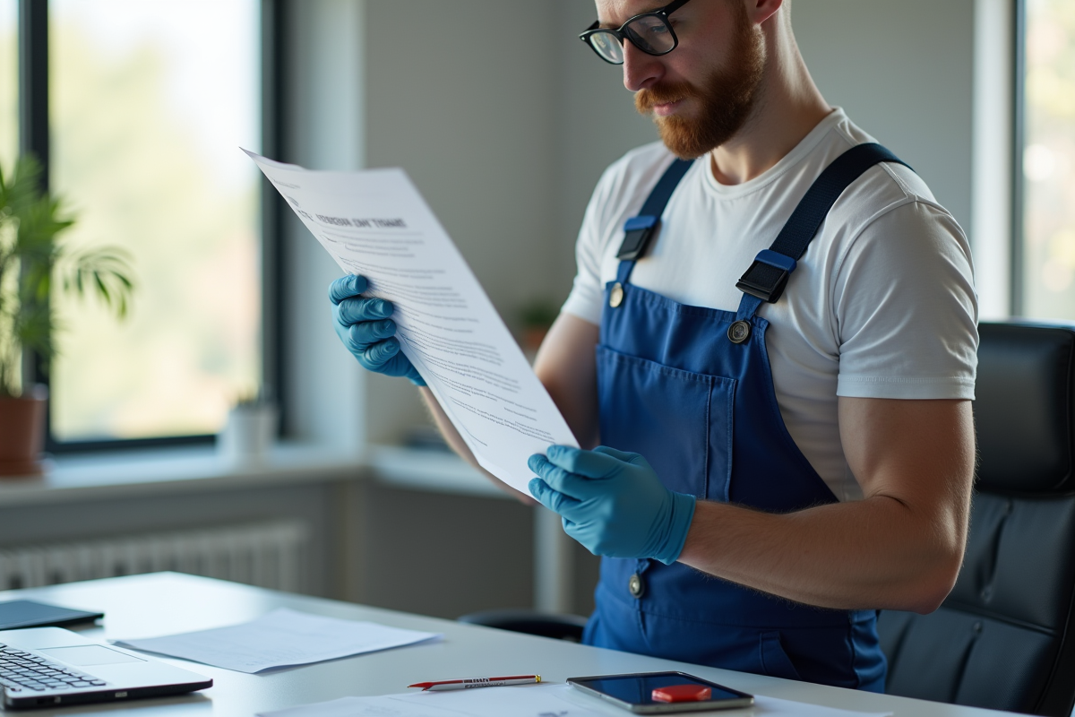 Plombier en uniforme tenant un certificat dans un bureau lumineux