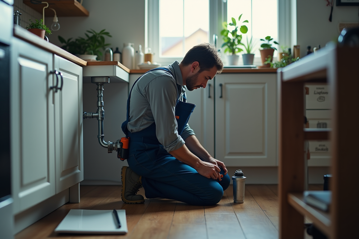 Plombier sous évier de cuisine moderne avec lampe torche