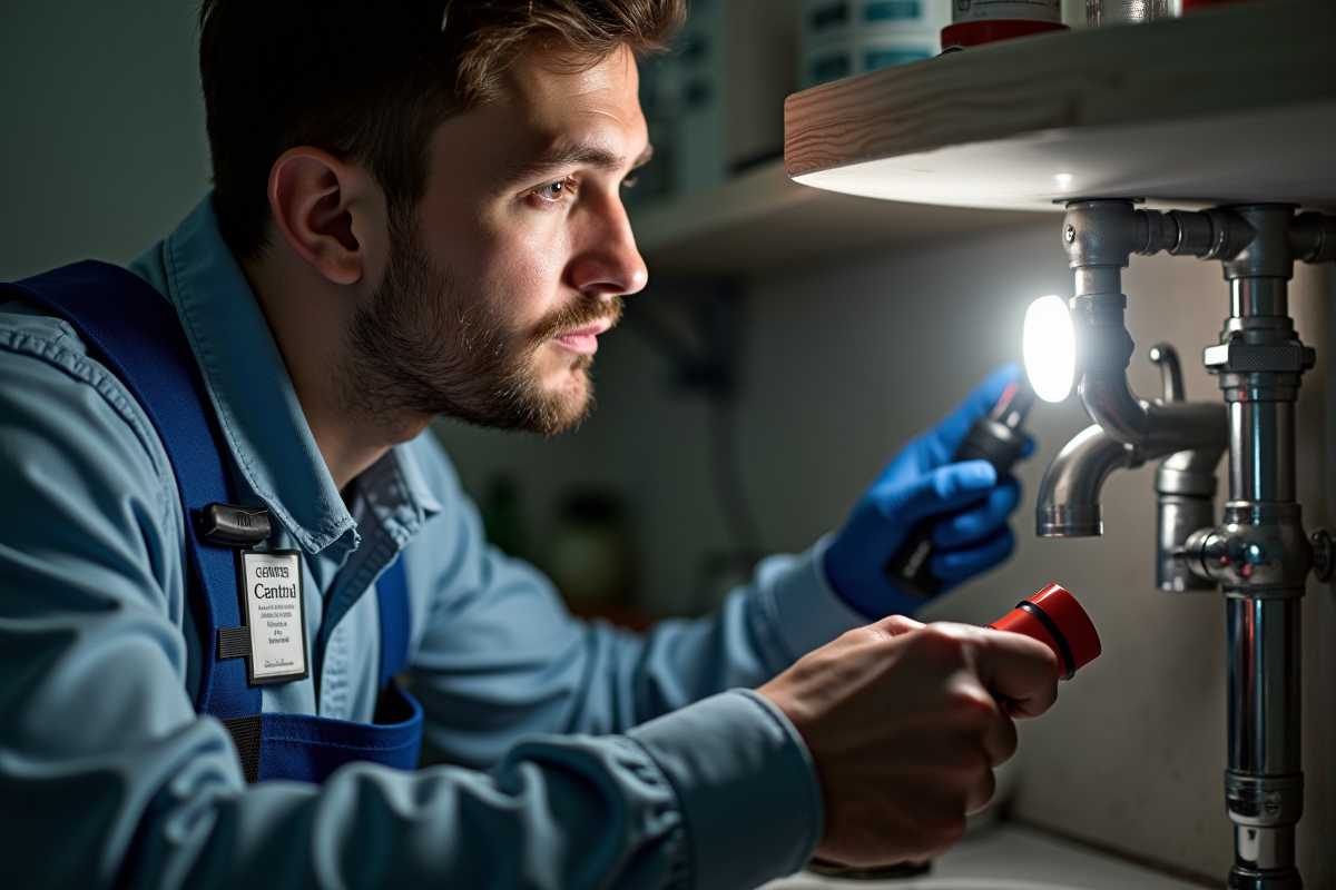 Plombier inspectant sous un évier avec lampe de poche et outils
