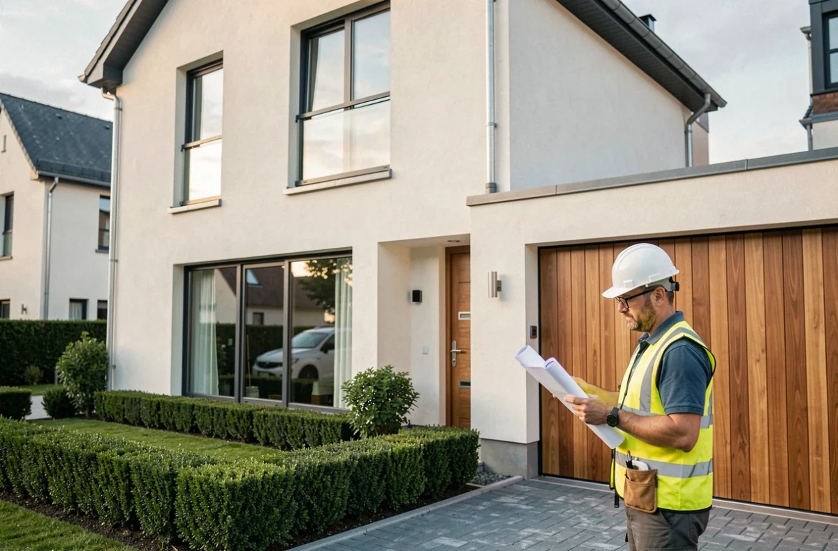 Maison Plurial Home Expert avec garage intégré, façade enduit blanc cassé, chef de projet devant la maison neuve