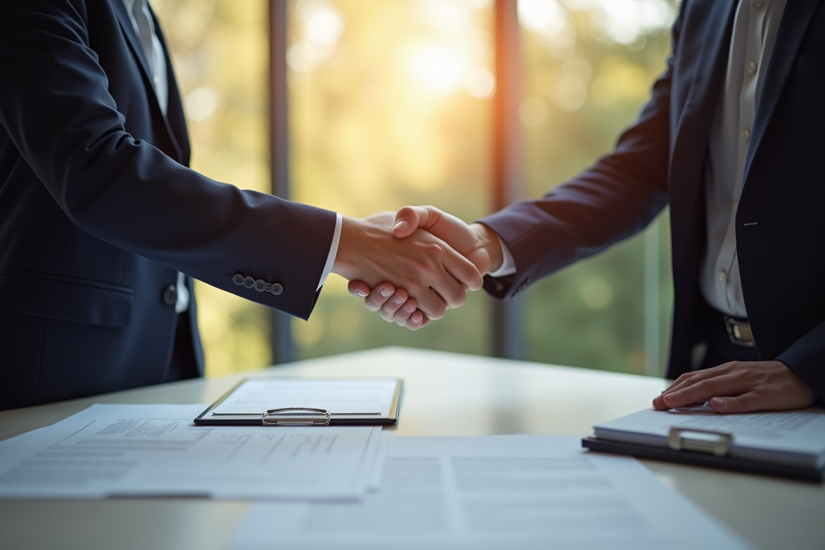 Poignee de main lors de la signature d un contrat en bureau