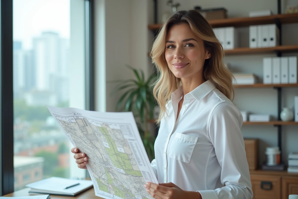 Professionnelle de l'immobilier consultant des cartes foncières et des tableaux de conversion d'acres en mètres carrés dans un bureau moderne
