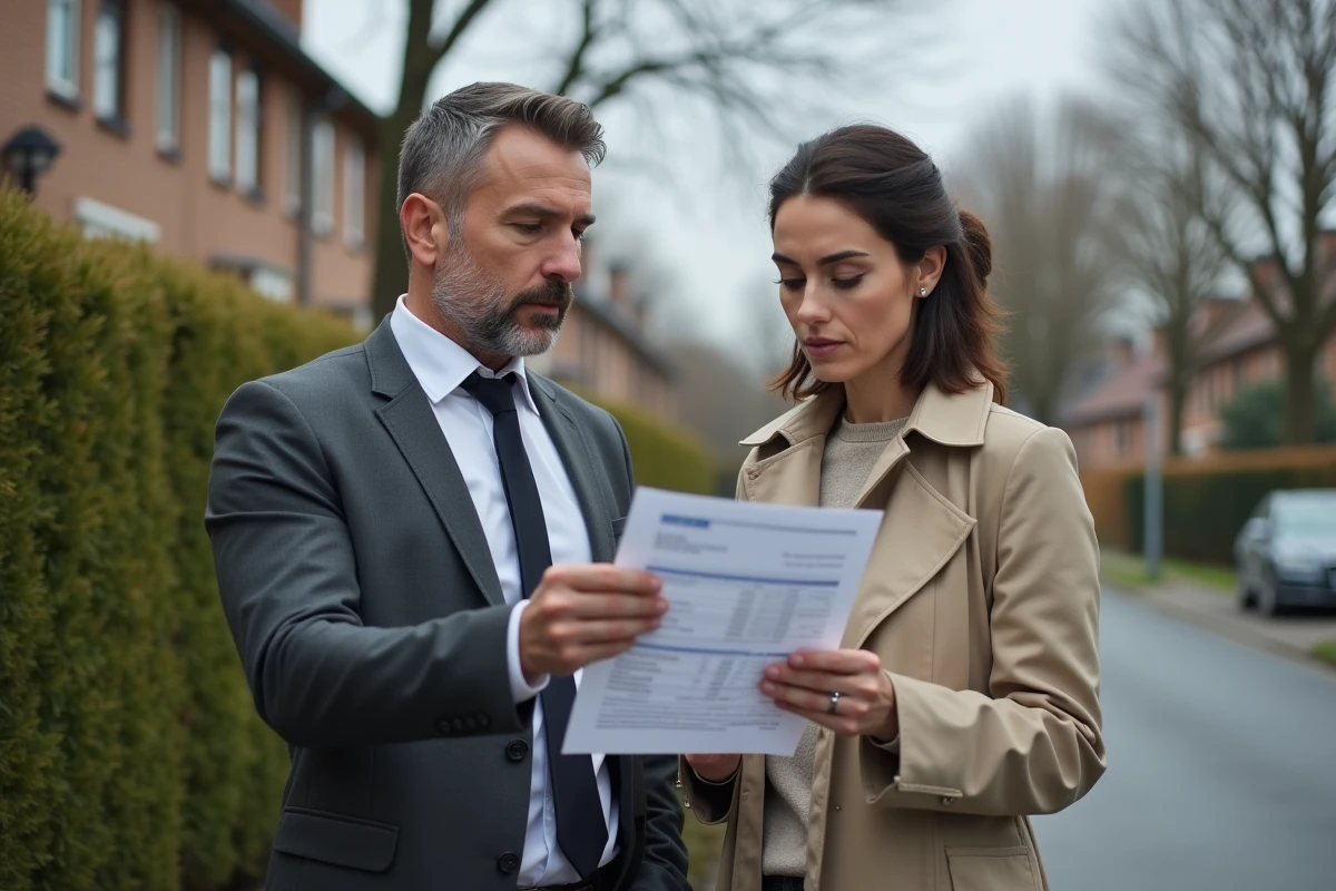 Professionnels de l'immobilier évaluant la fiabilité d'un rapport d'estimation devant une maison à vendre