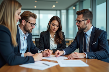 Groupe de professionnels en réunion immobiliere dans un bureau moderne