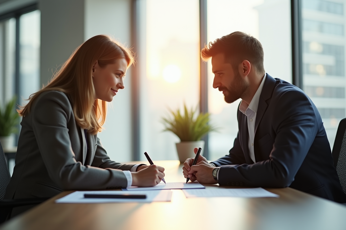 Deux professionnels signant un contrat dans un bureau lumineux