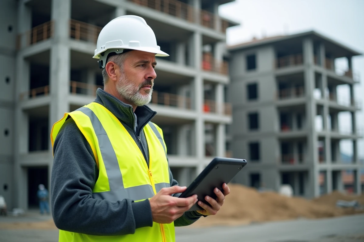 Promoteur immobilier sur chantier consultant un logiciel BIM sur tablette pour le suivi de livraison du programme