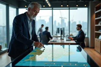 Promoteur immobilier utilisant un logiciel de prospection foncière sur une table tactile interactive dans un bureau moderne