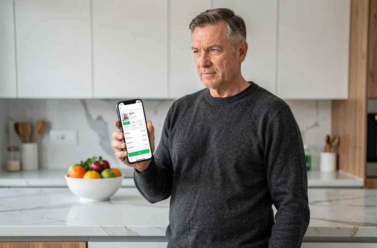Propriétaire Airbnb consultant les frais de ménage et le prix par nuit sur son smartphone dans sa cuisine