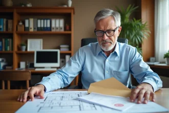 Propriétaire examinant des documents administratifs et plans de construction sur un bureau en bois après achèvement de travaux sans DAACT déposée
