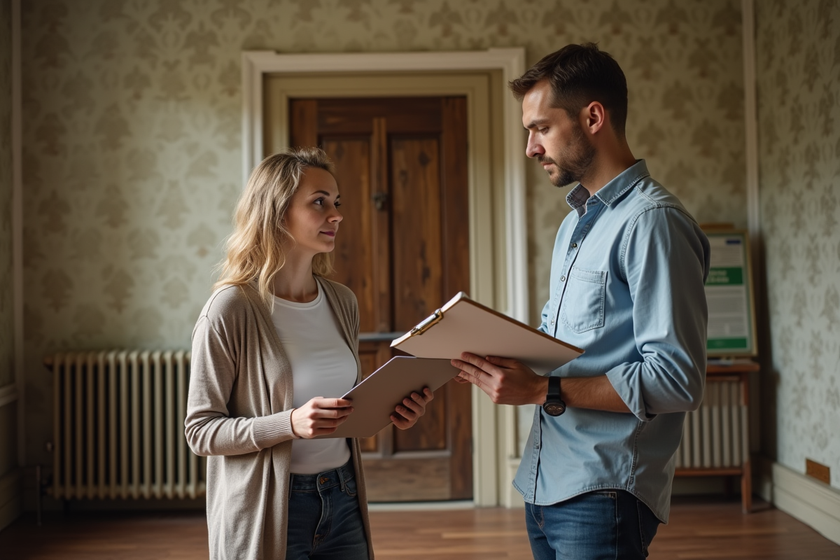 Proprietaire observant un inspecteur dans un salon vintage