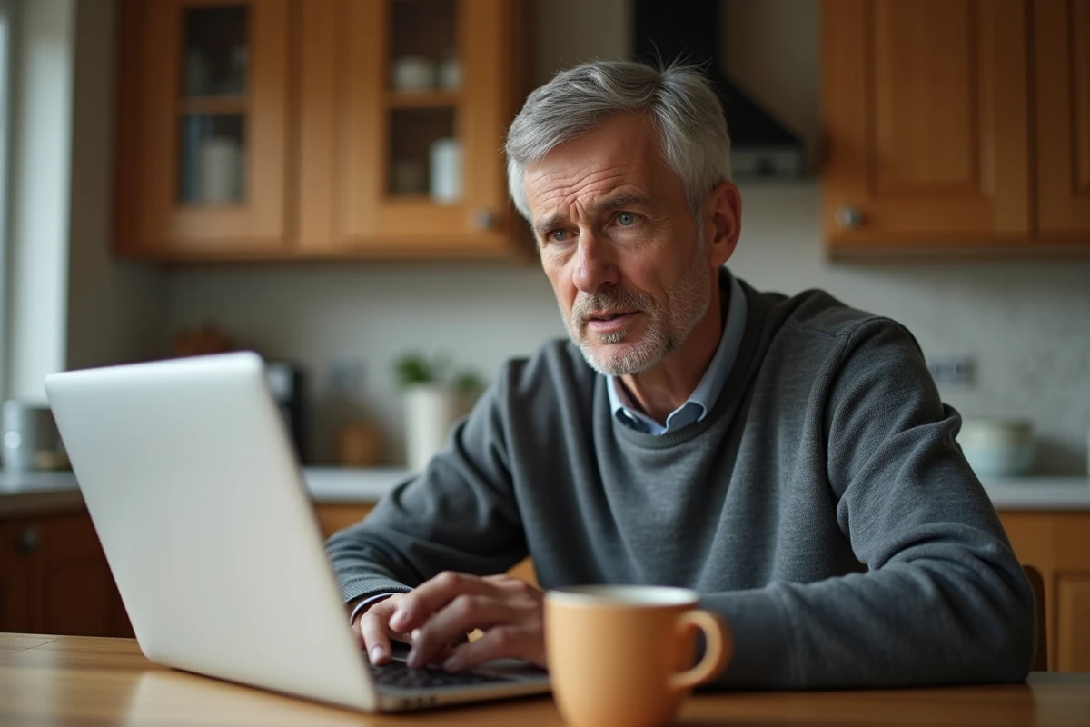 Propriétaire vérifiant en ligne la fiabilité d'une estimation immobilière depuis son domicile