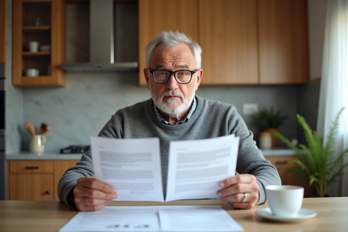 Propriétaire immobilier vérifiant des relevés de loyer reçus de son agence à domicile