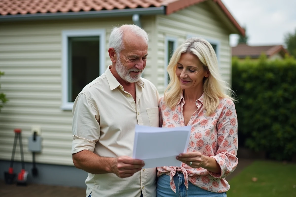Couple de propriétaires consultant des documents devant leur mobil home installé en résidence principale sur terrain privé