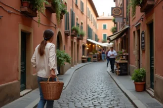 Rue piétonne pavée du quartier des Carmes à Toulouse avec briques en terre cuite et femme faisant son marché