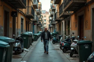 Rue étroite et dégradée d'un quartier de Nice avec poubelles débordantes et tags sur les murs, illustrant les nuisances urbaines