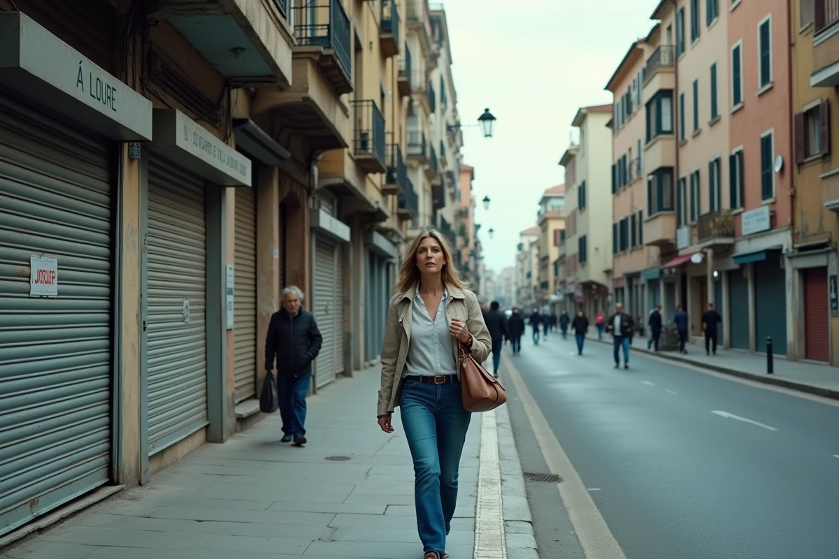 Boulevard urbain de Nice avec commerces fermés et atmosphère de tension, illustrant les quartiers à éviter pour des raisons de sécurité