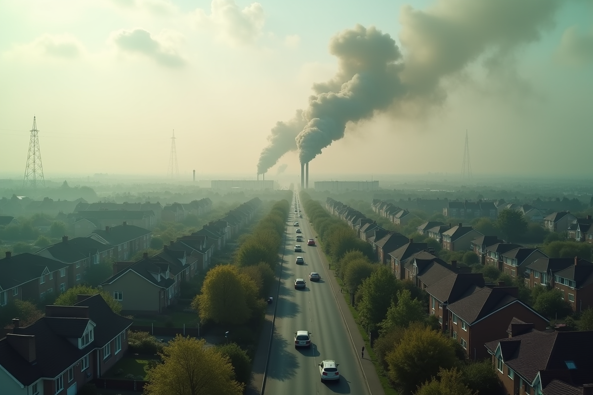 Quartier résidentiel pollué avec fumée et pollution atmosphérique