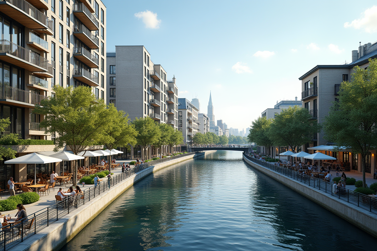 Quartier urbain au bord de l'eau avec bâtiments modernes et anciens