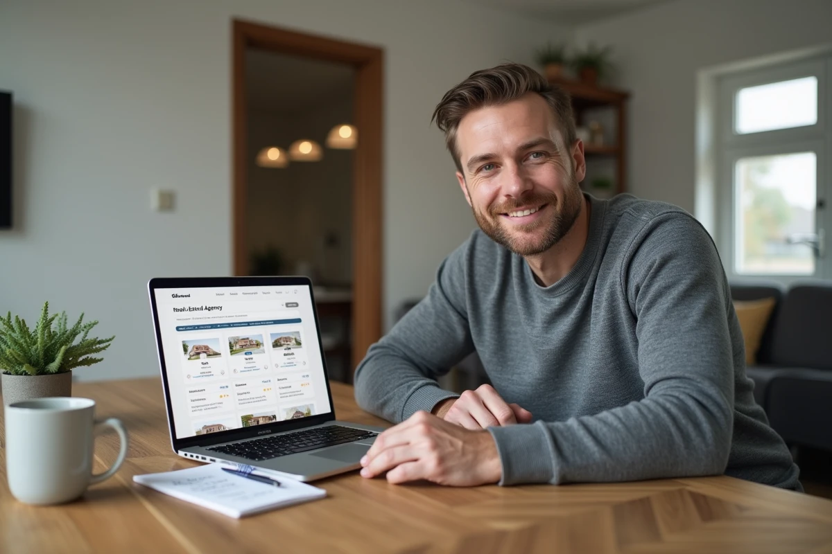Homme recherchant une agence immobilière FNAIM sur internet depuis son domicile