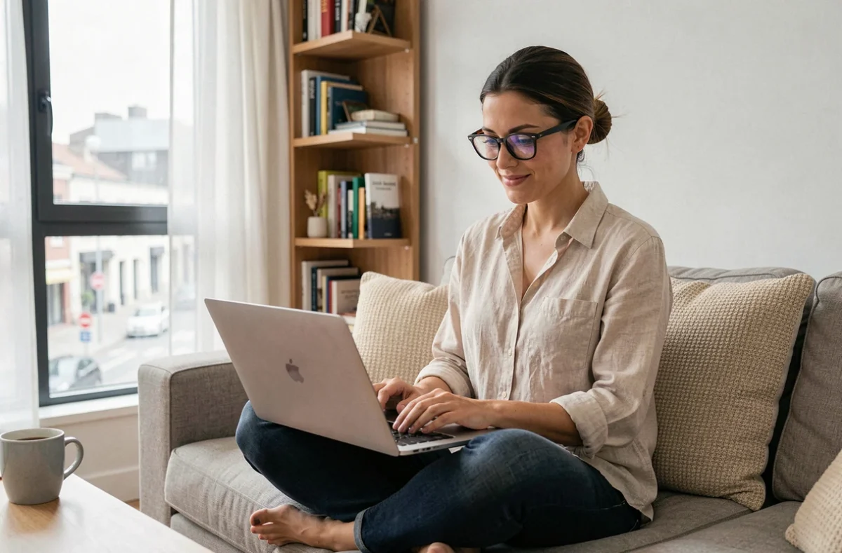 Femme cherchant un colocataire fiable sur une plateforme de location en ligne depuis son appartement moderne