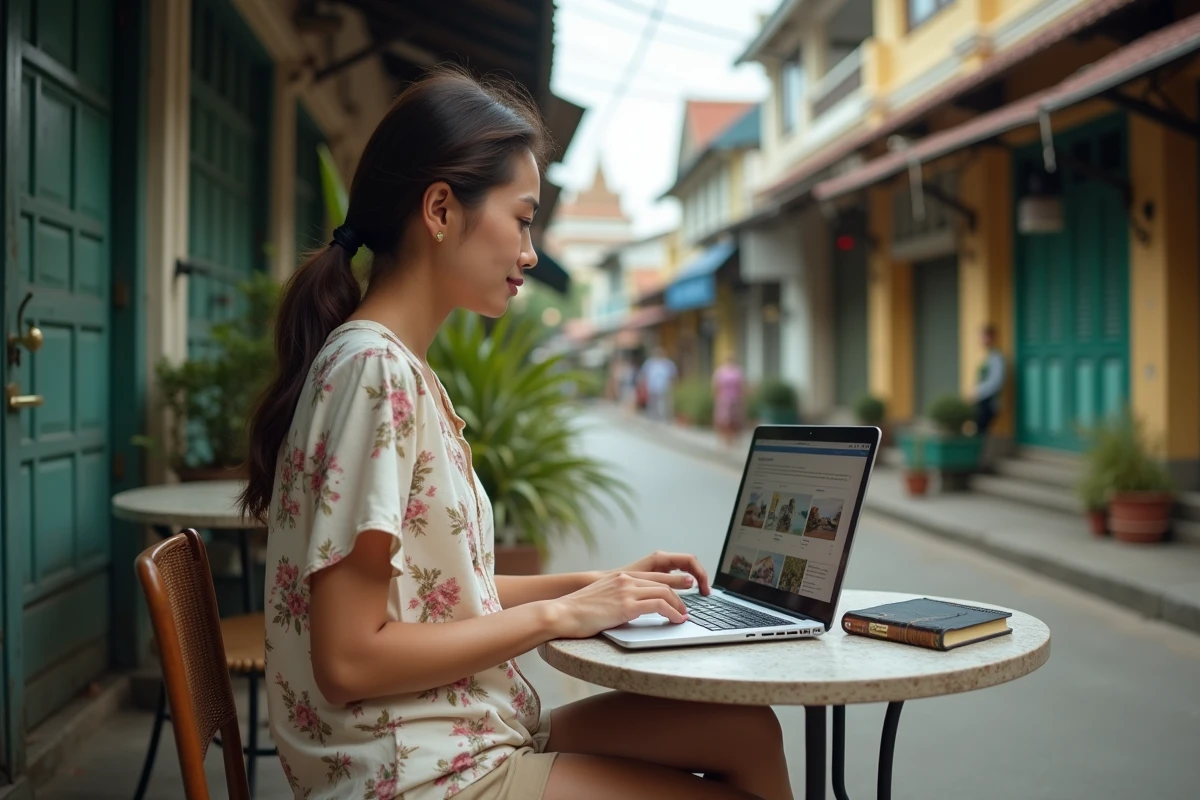 Femme recherchant des annonces immobilières pas chères en Thaïlande sur un ordinateur portable dans un café de province thaïlandaise