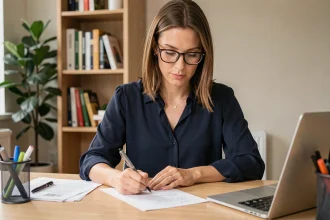 Femme professionnelle rédigeant une lettre de motivation pour une location d'appartement à son bureau