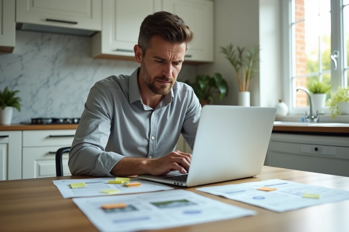 Acheteur immobilier rédigeant un mail de mise en demeure pour vice caché sur son ordinateur portable à la maison