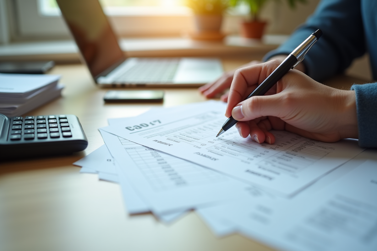 Main remplissant des formulaires de remboursement à un bureau organisé