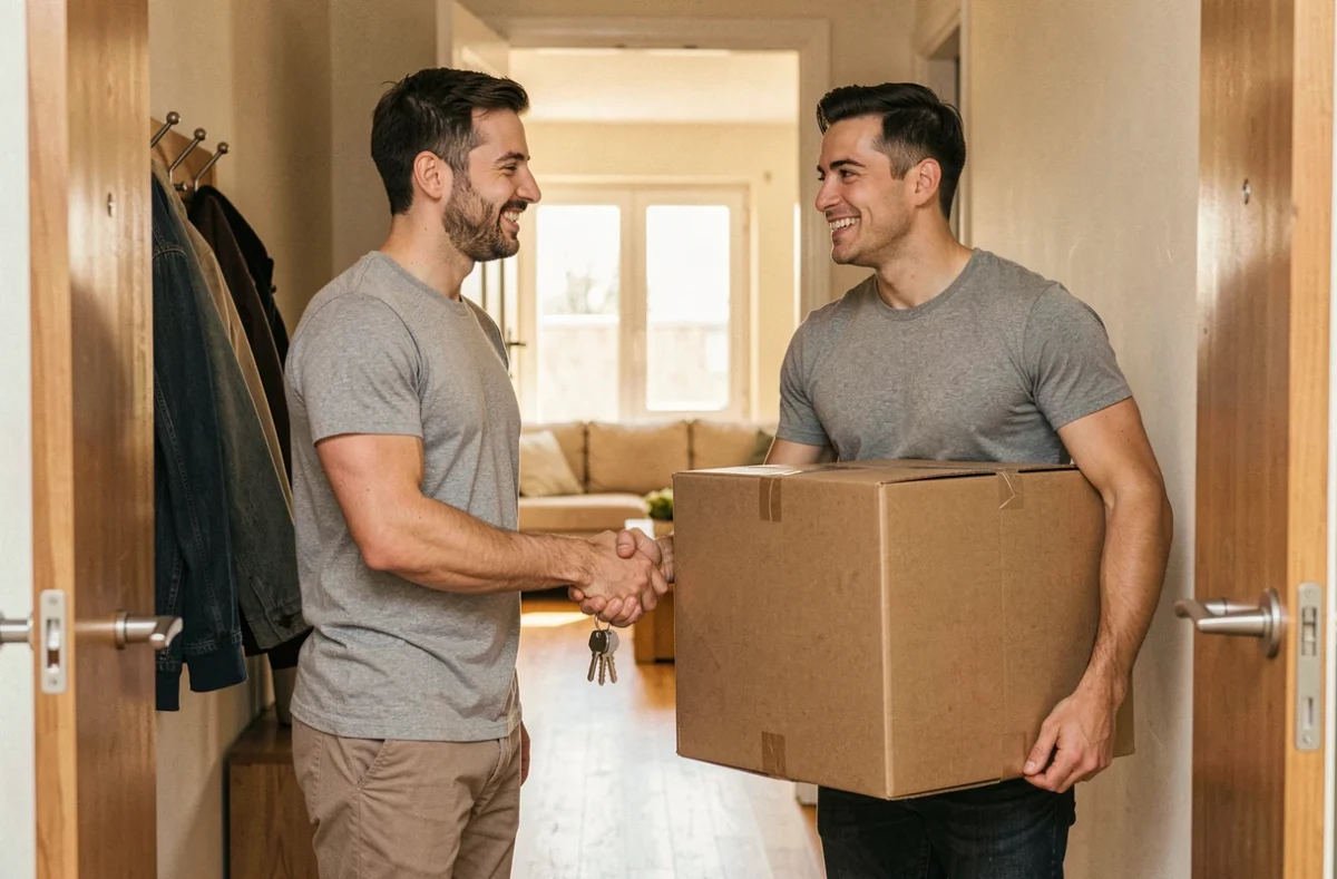 Deux hommes se serrant la main lors d'une remise de clés d'appartement en colocation, symbolisant une location réussie