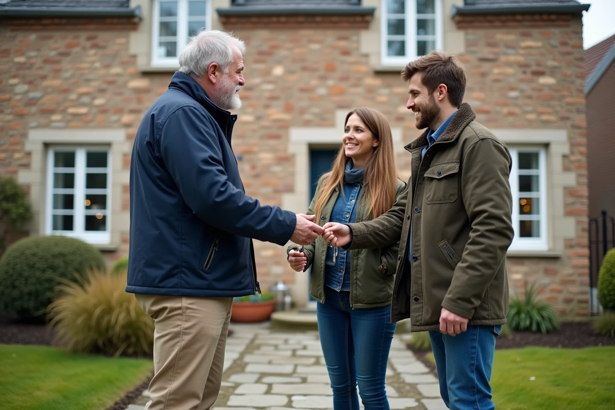 Homme remet des cl&eacute;s &agrave; un couple devant une maison normande