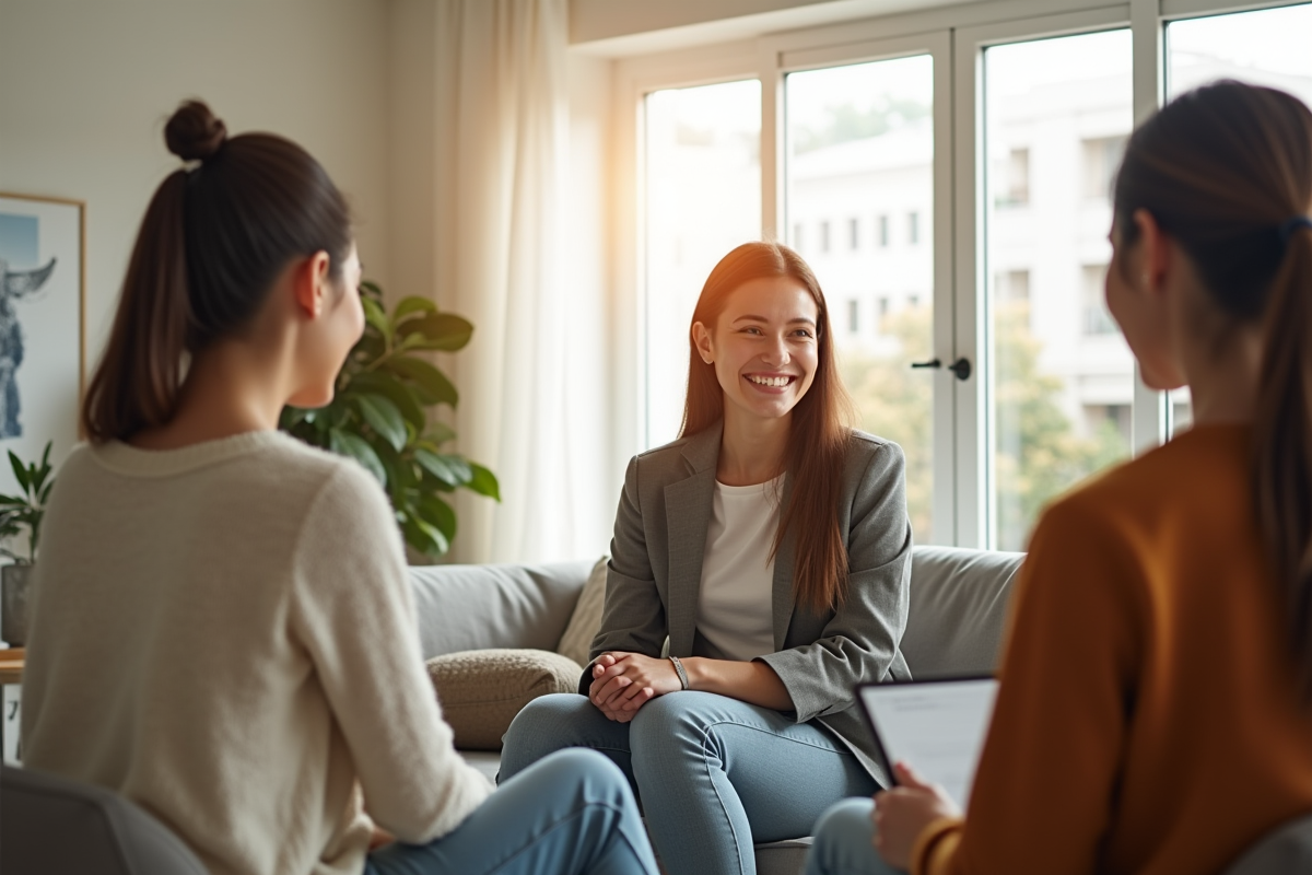 Jeune couple rencontre agent immobilier dans un appartement lumineux