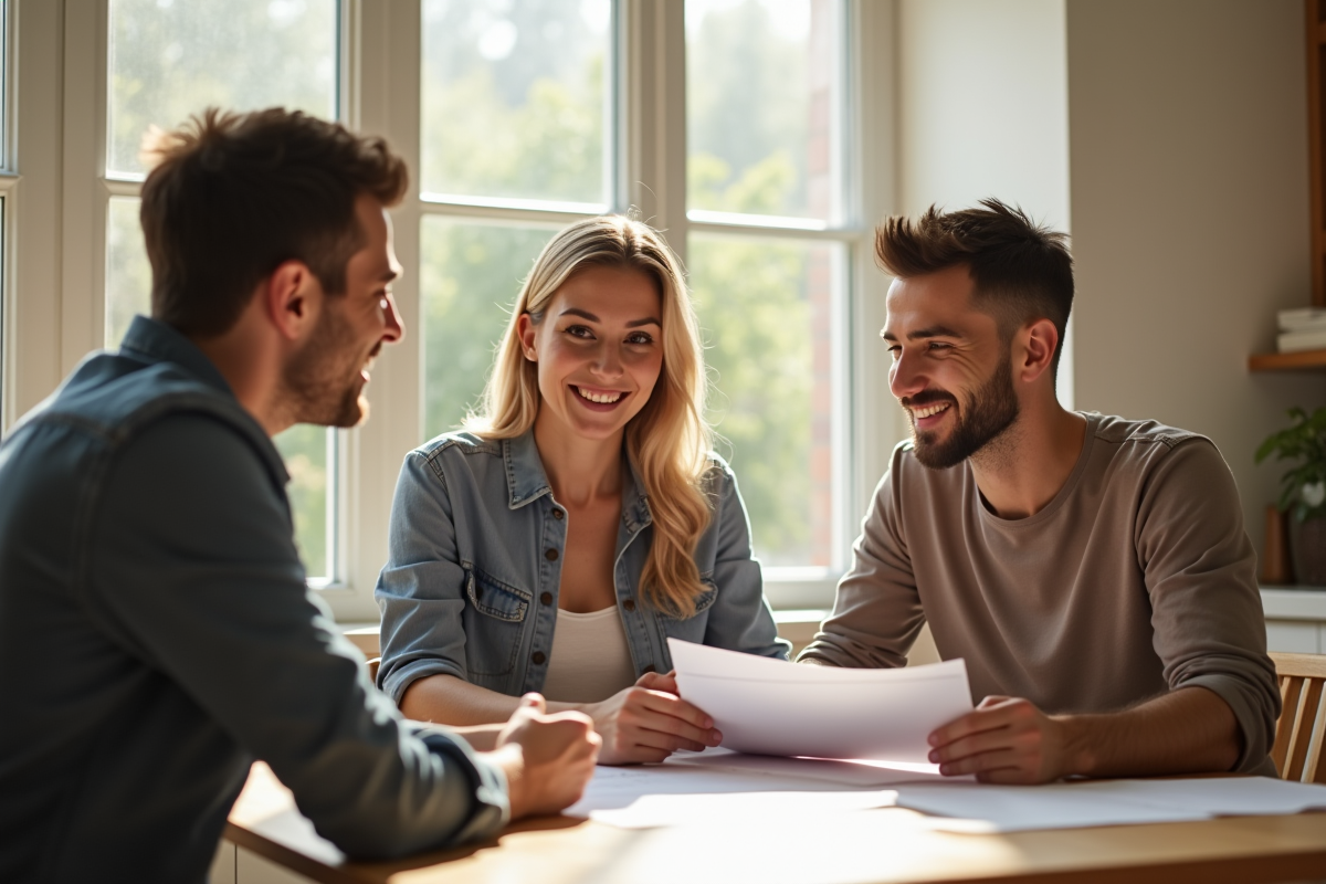 Couple professionnel rencontrant un agent immobilier dans une cuisine lumineuse
