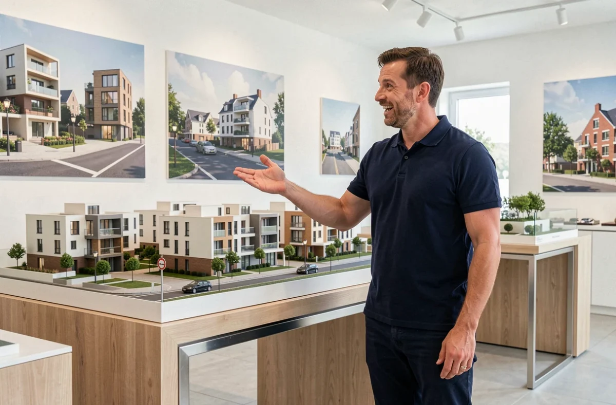 Conseiller de Rennes IMMO9 présentant un programme de logements neufs dans un showroom immobilier à Rennes