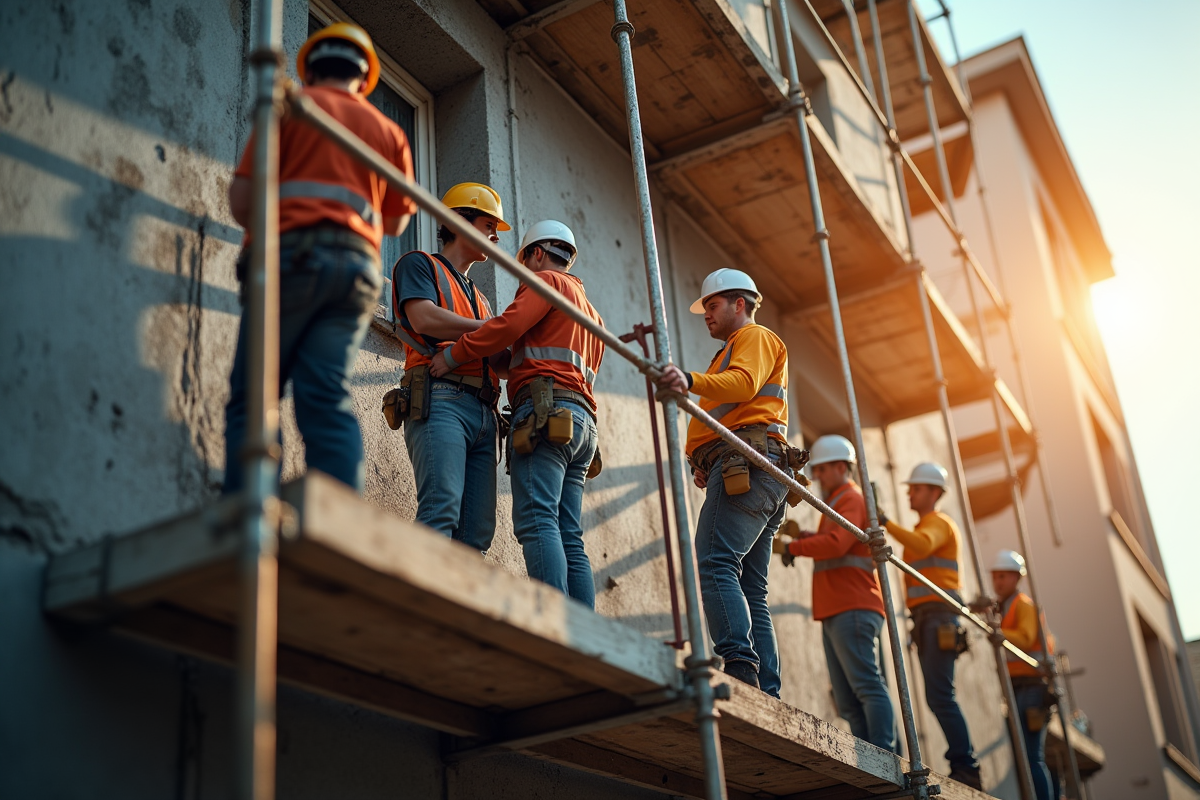 Équipe de travaux rénovant une façade ancienne en ville