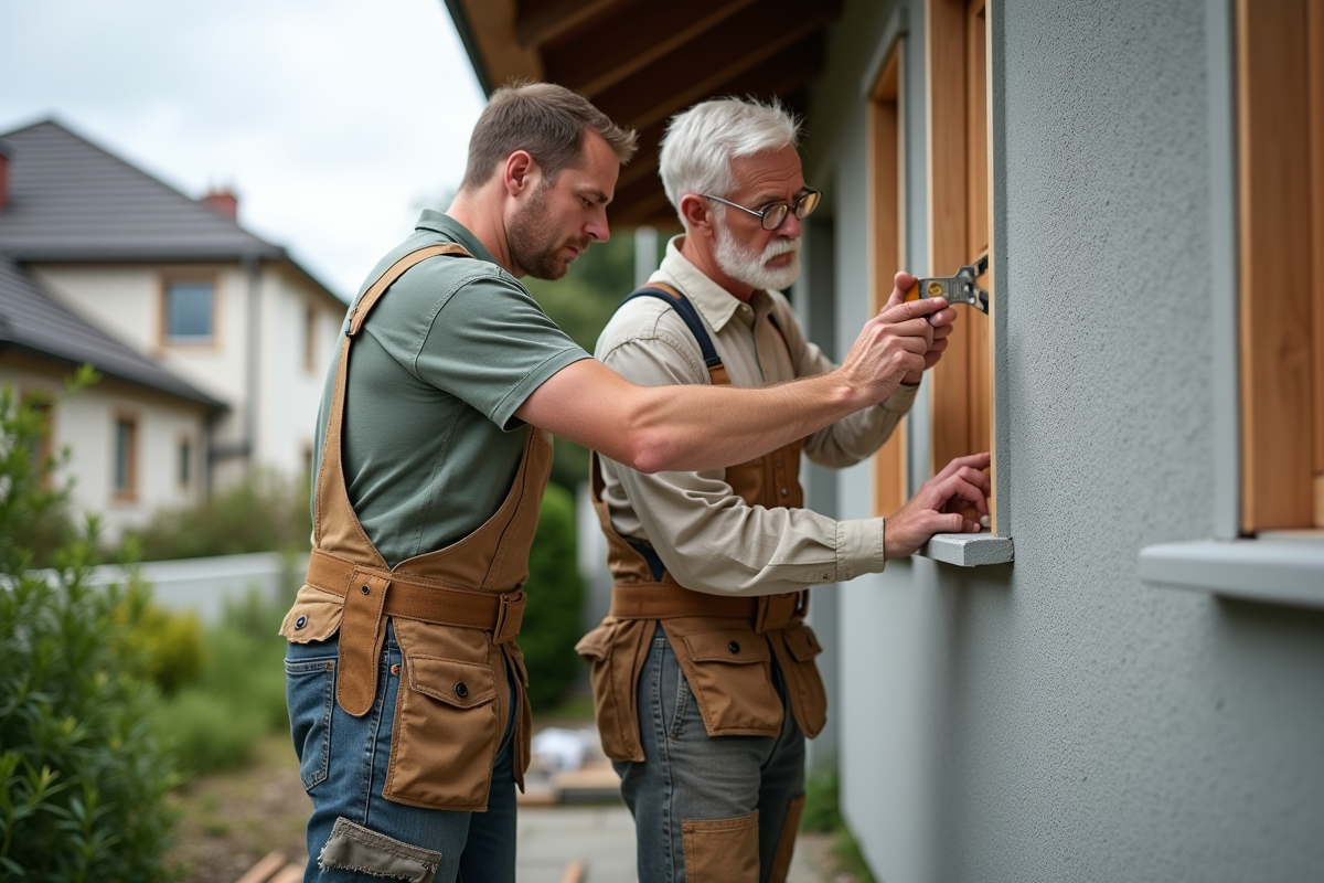 Famille réparant la façade de la maison ensemble