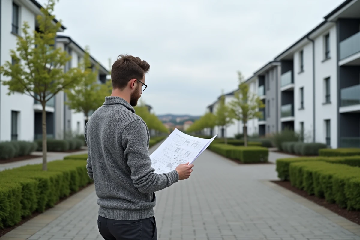 Homme consultant un plan de logement devant une résidence moderne en périphérie de Dijon, comparaison rentabilité immobilière