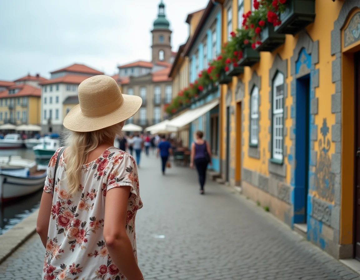 Femme retraitée se promenant dans le quartier historique de la Ribeira à Porto au bord du Douro